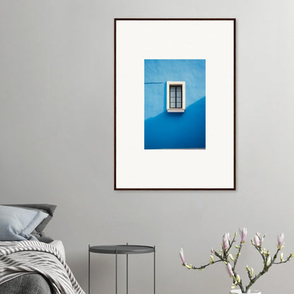 Framed minimalist art of a white window on a blue wall from Reflective Cerulean Daydreams