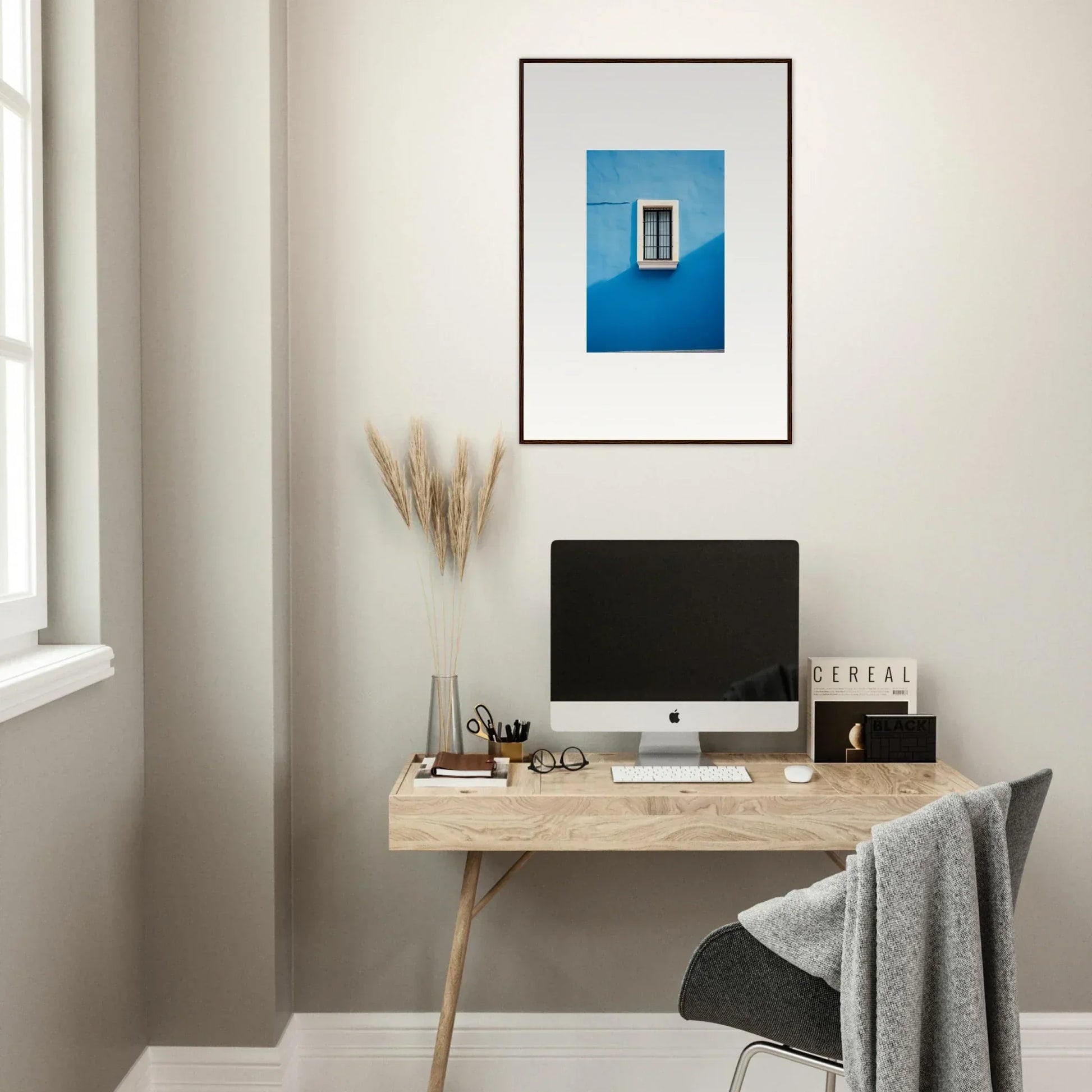 Minimalist wooden desk with iMac and pampas grass from Reflective Cerulean Daydreams