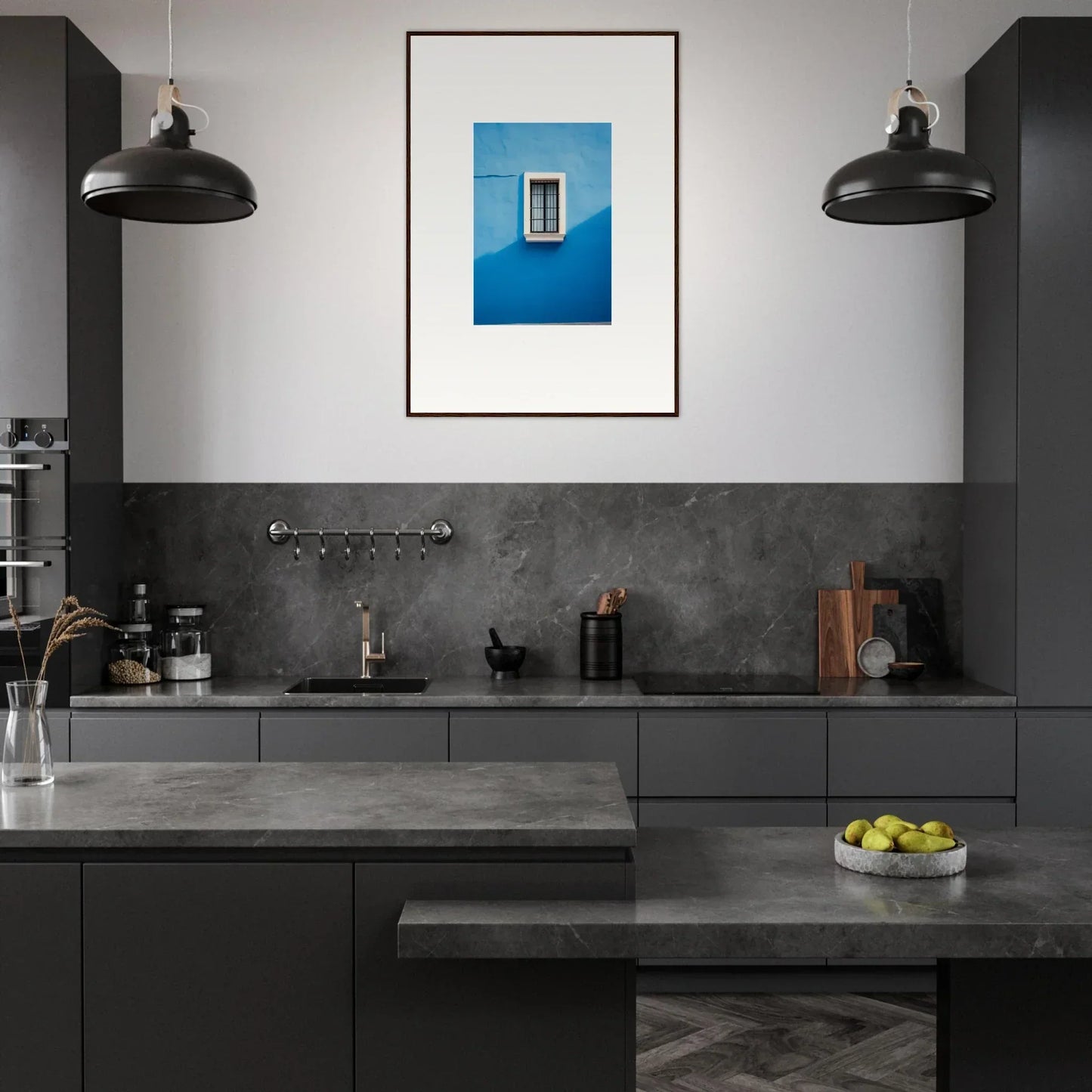 Modern dark kitchen with matte black cabinets and industrial lights in Reflective Cerulean Daydreams