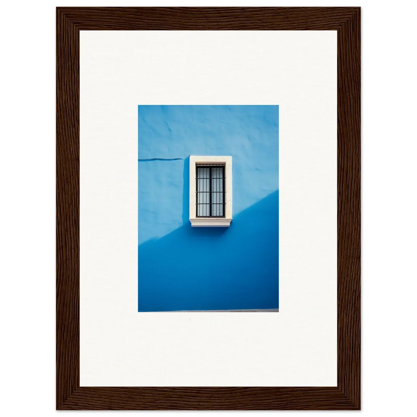 White-framed window with metal bars on a bright blue wall in Reflective Cerulean Daydreams art