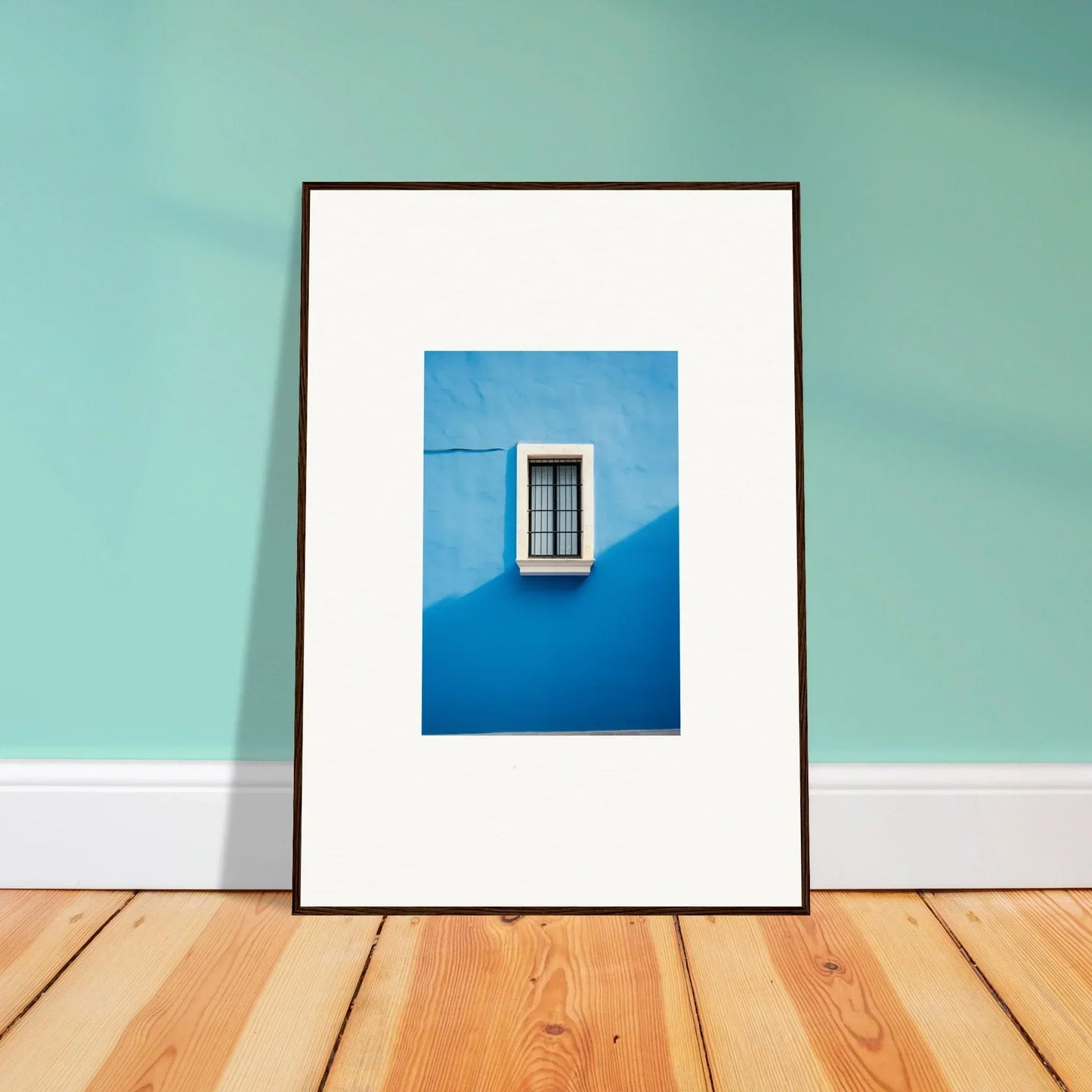 Framed art of a window on a blue wall from Reflective Cerulean Daydreams special edition