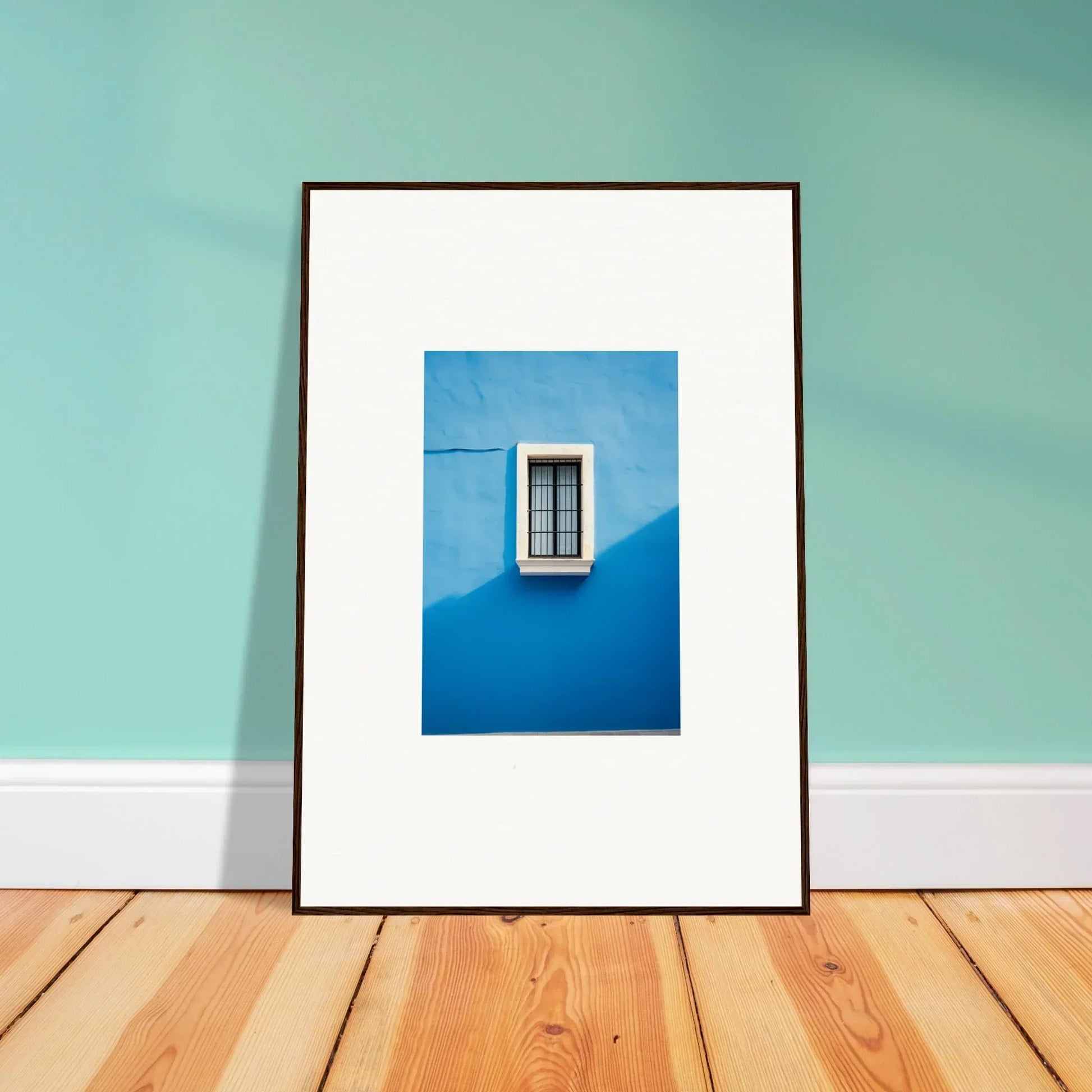 Framed art of a window on a blue wall from Reflective Cerulean Daydreams special edition