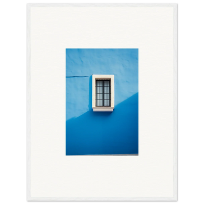 White-framed window with bars on a bright blue wall in Reflective Cerulean Daydreams art™