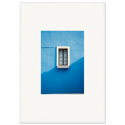 White-framed window with metal bars on blue wall in Reflective Cerulean Daydreams