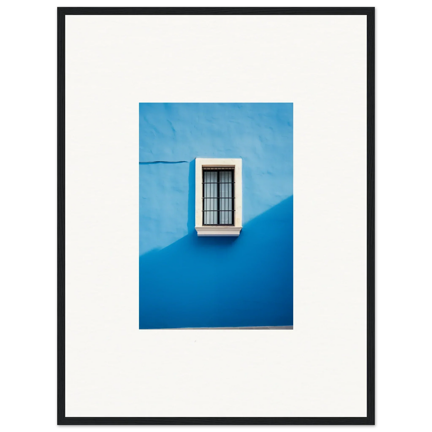 White-framed window with bars on cerulean wall in Reflective Cerulean Daydreams artwork