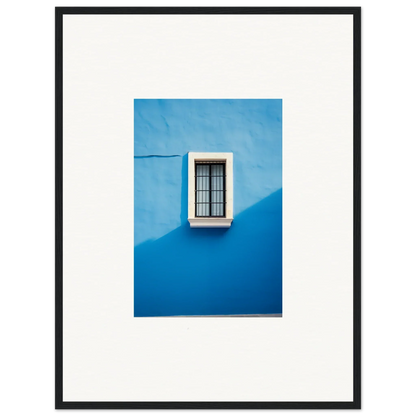 White-framed window with bars on cerulean wall in Reflective Cerulean Daydreams artwork