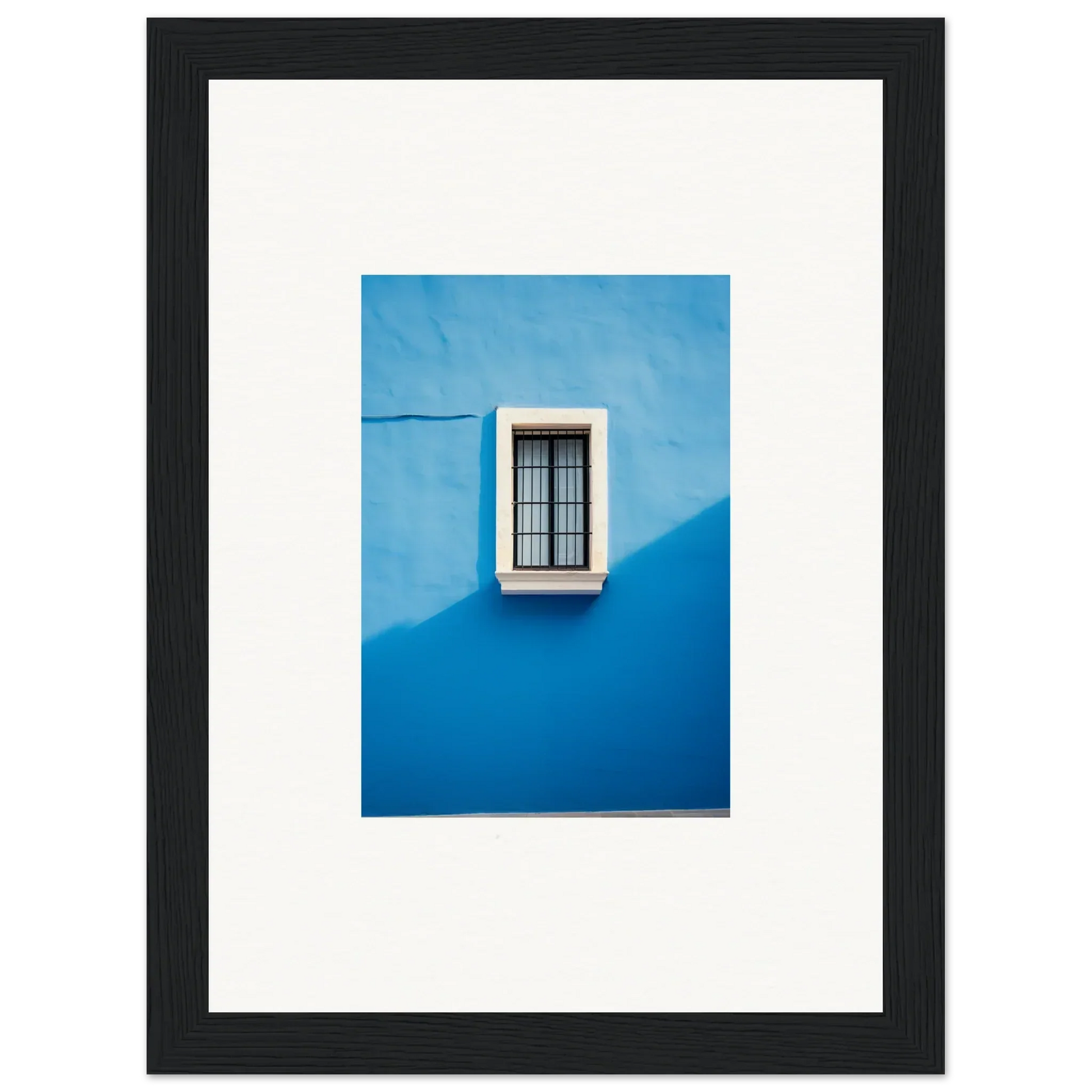 White-framed window with metal bars on a cerulean wall from Reflective Cerulean Daydreams