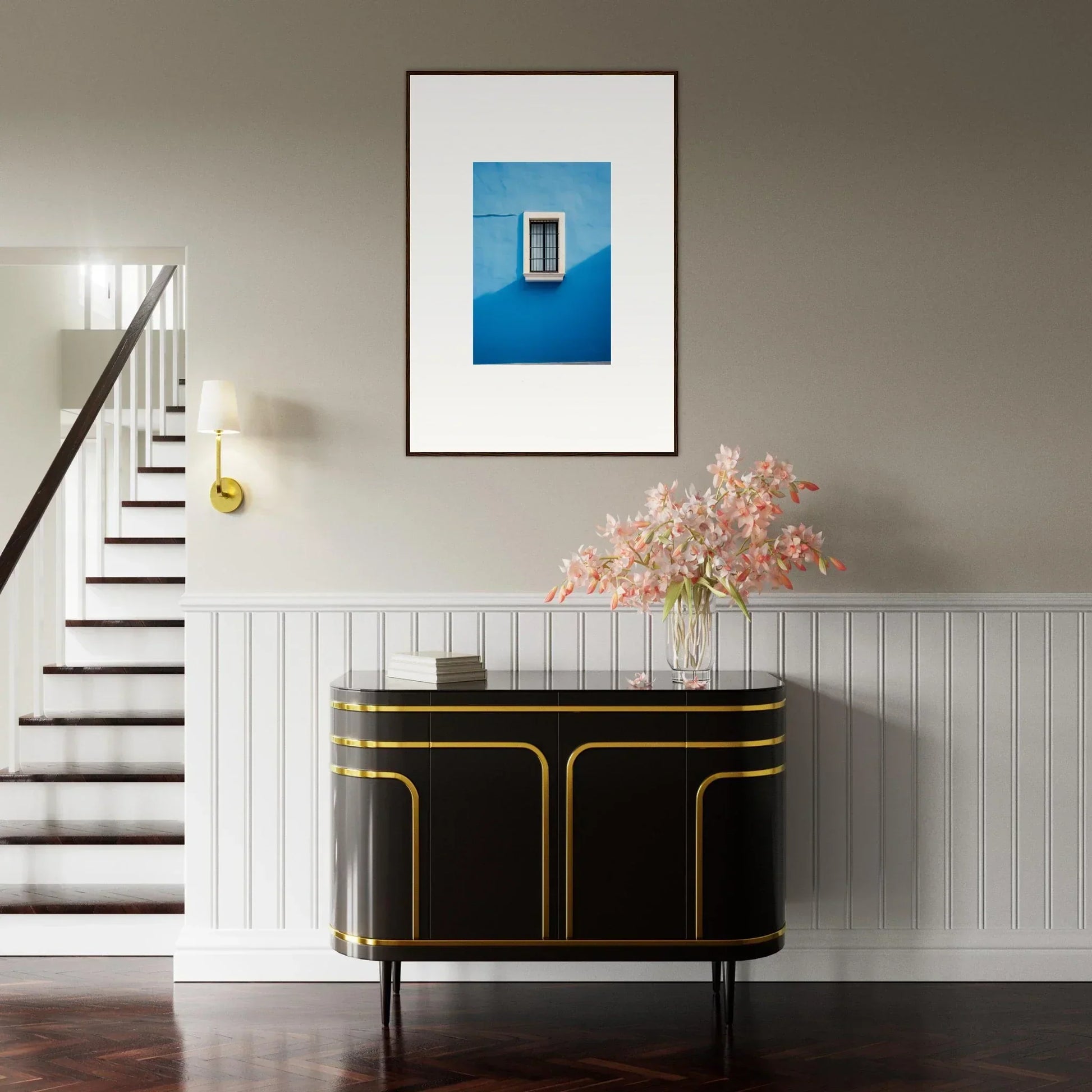 Art deco black credenza with gold trim, part of Reflective Cerulean Daydreams collection