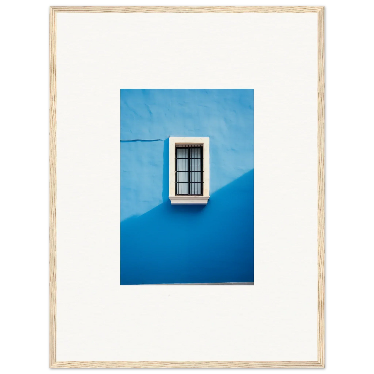 White-framed window with bars on a blue wall in Reflective Cerulean Daydreams art™