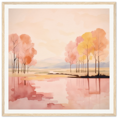 Watercolor painting of a peaceful lake with autumn trees for Reflective Dreamscape Meditations