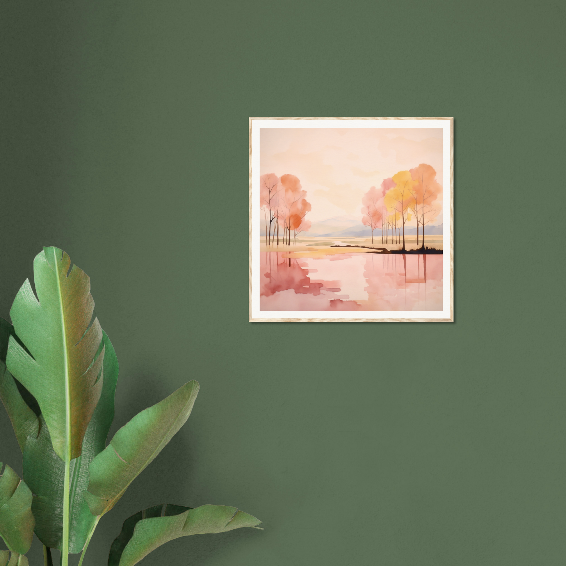 Framed watercolor of autumn trees in water for Reflective Dreamscape Meditations