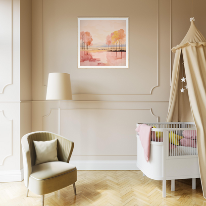 Modern nursery showcasing a white crib with beige canopy for Reflective Dreamscape Meditations