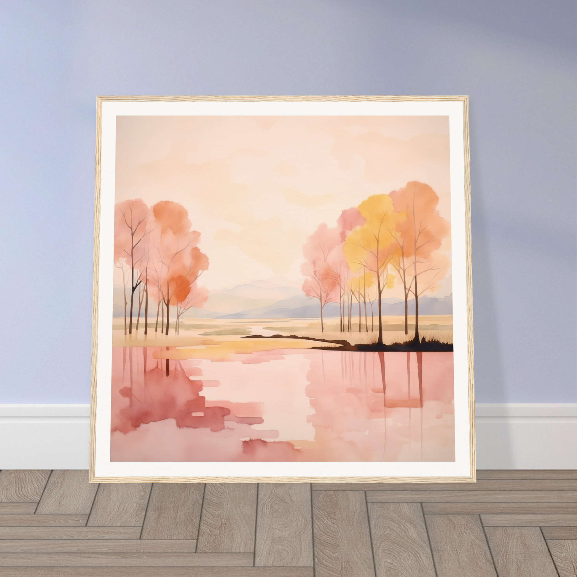 Framed watercolor painting of autumn trees in a reflective dreamscape at sunset