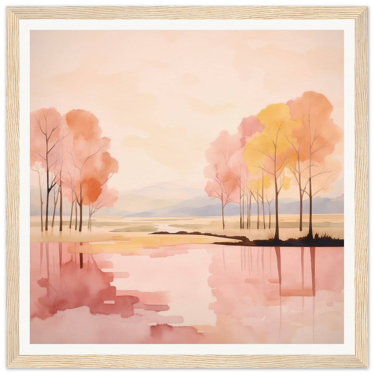 Watercolor painting of autumn trees reflecting in a lake for Reflective Dreamscape Meditations