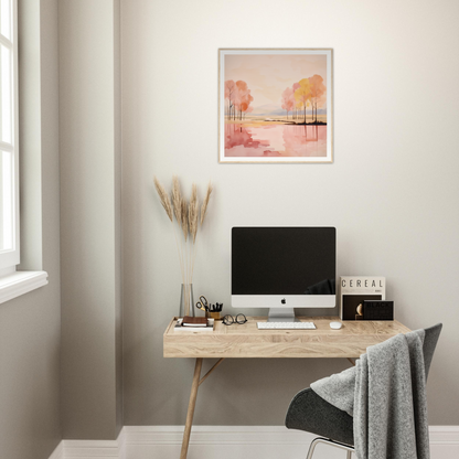 Simple wooden desk featuring an iMac display for Reflective Dreamscape Meditations