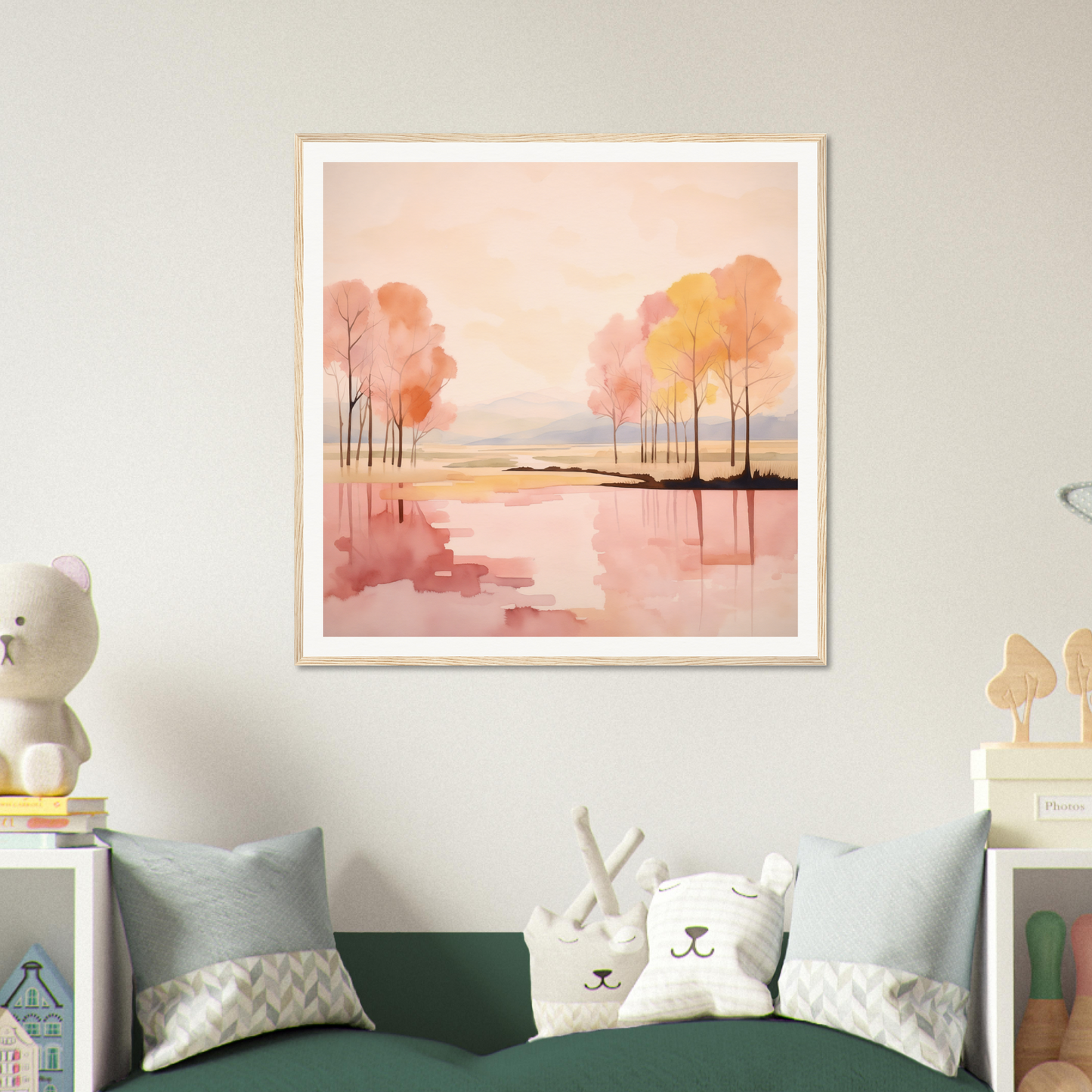 Framed watercolor of pink trees at sunset for Reflective Dreamscape Meditations