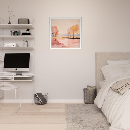 Minimalist bedroom featuring an iMac workstation and pink artwork for Reflective Dreamscape Meditations