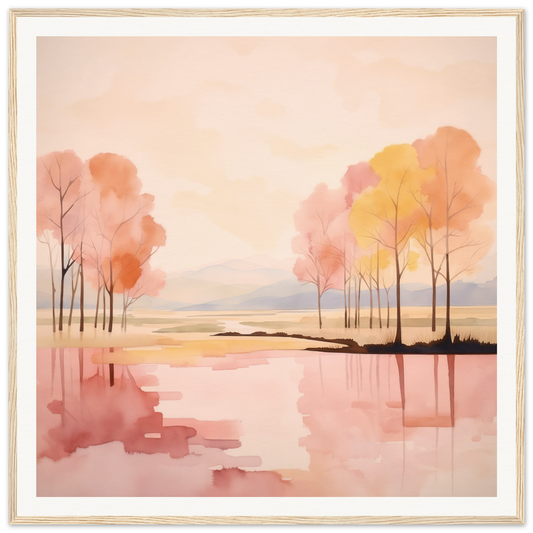 Peaceful watercolor landscape with autumn trees in a lake for Reflective Dreamscape Meditations