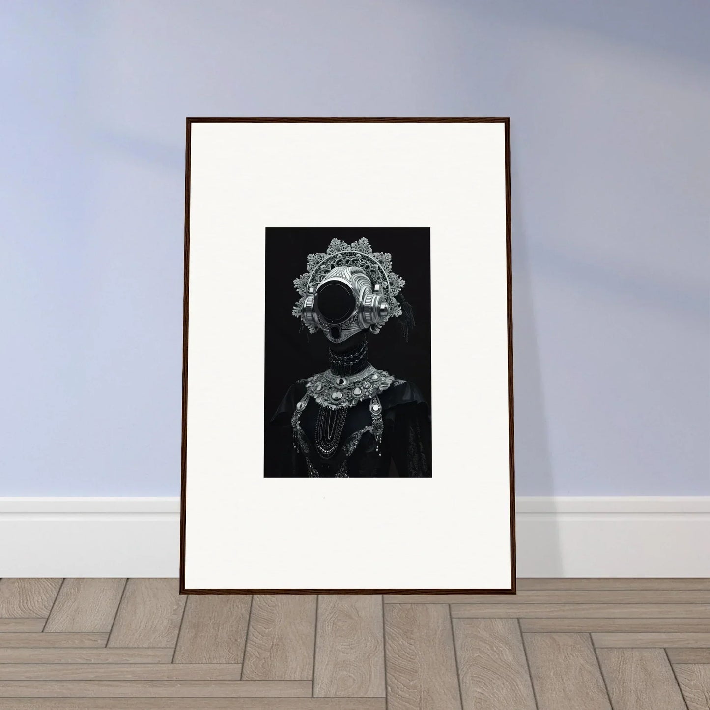 Framed black and white wall art of an abstract figure for elegant room decor