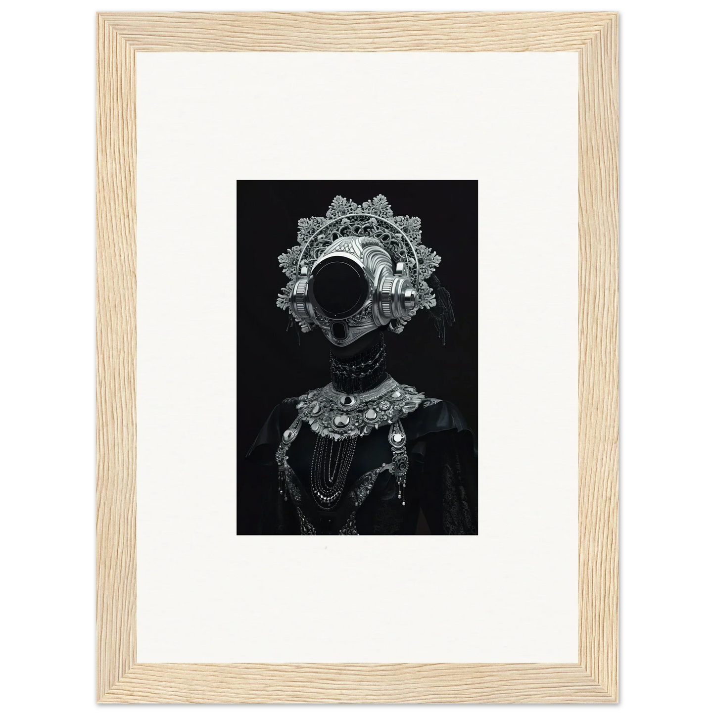 Framed black and white photograph of an ornate headdress, ideal for unique room decor