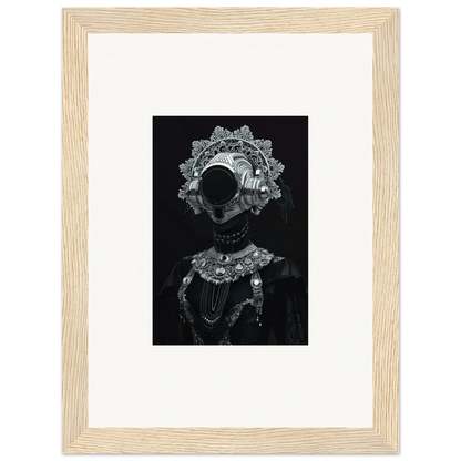 Framed black and white photograph of an ornate headdress, ideal for unique room decor