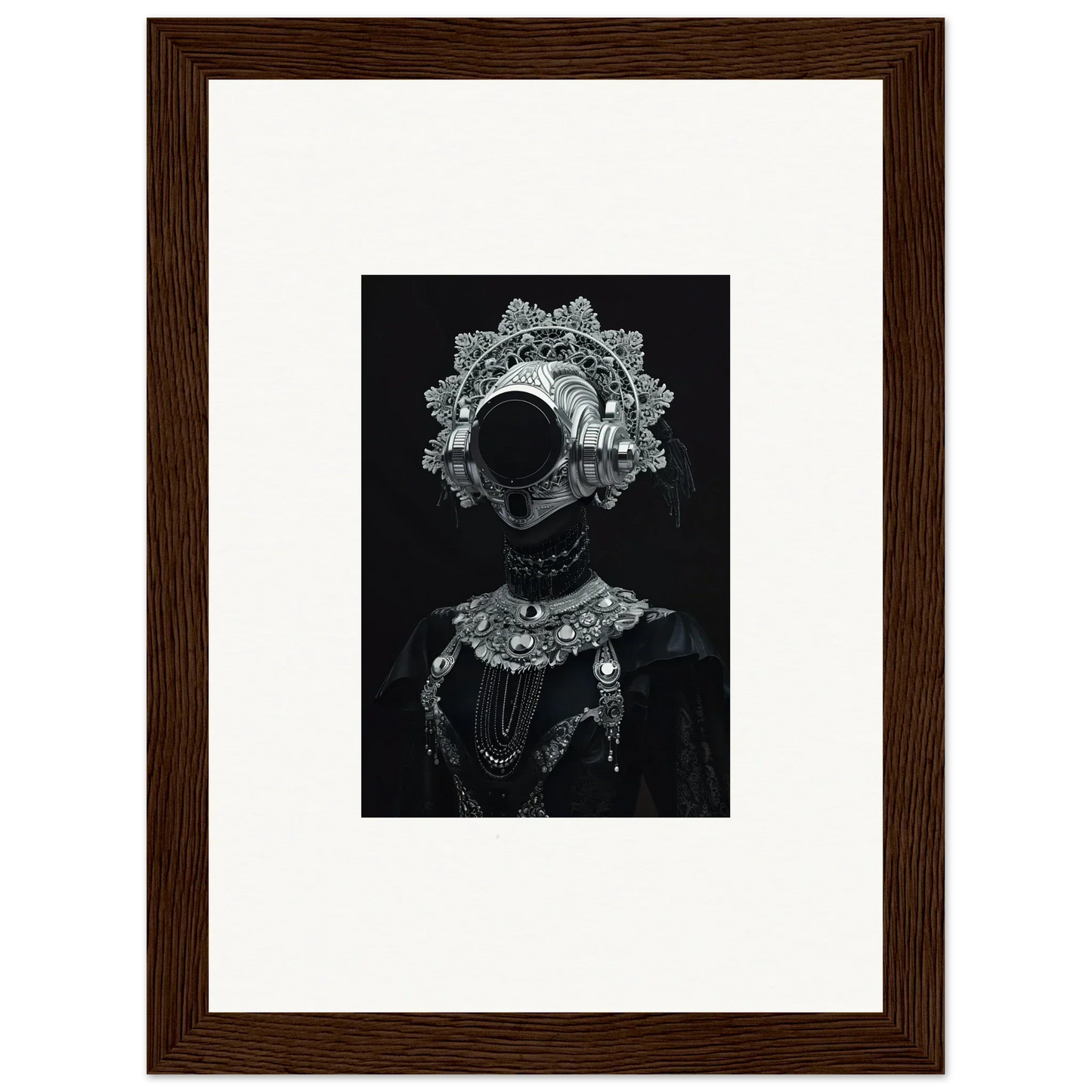 Framed wall art of an abstract figure with a lace headdress, ideal for room decor