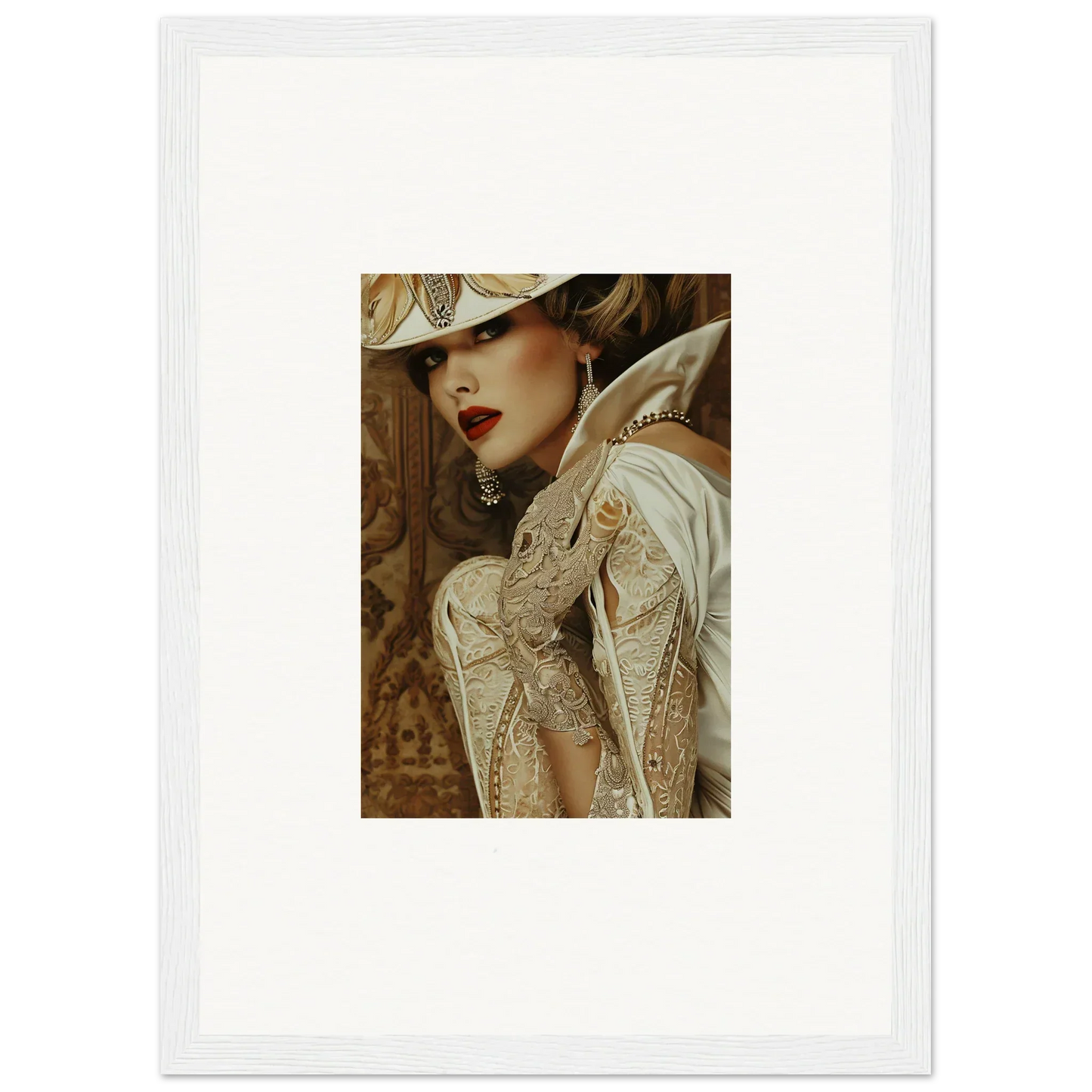 Framed portrait of a woman in elegant vintage attire for room decoration and reverie seduction