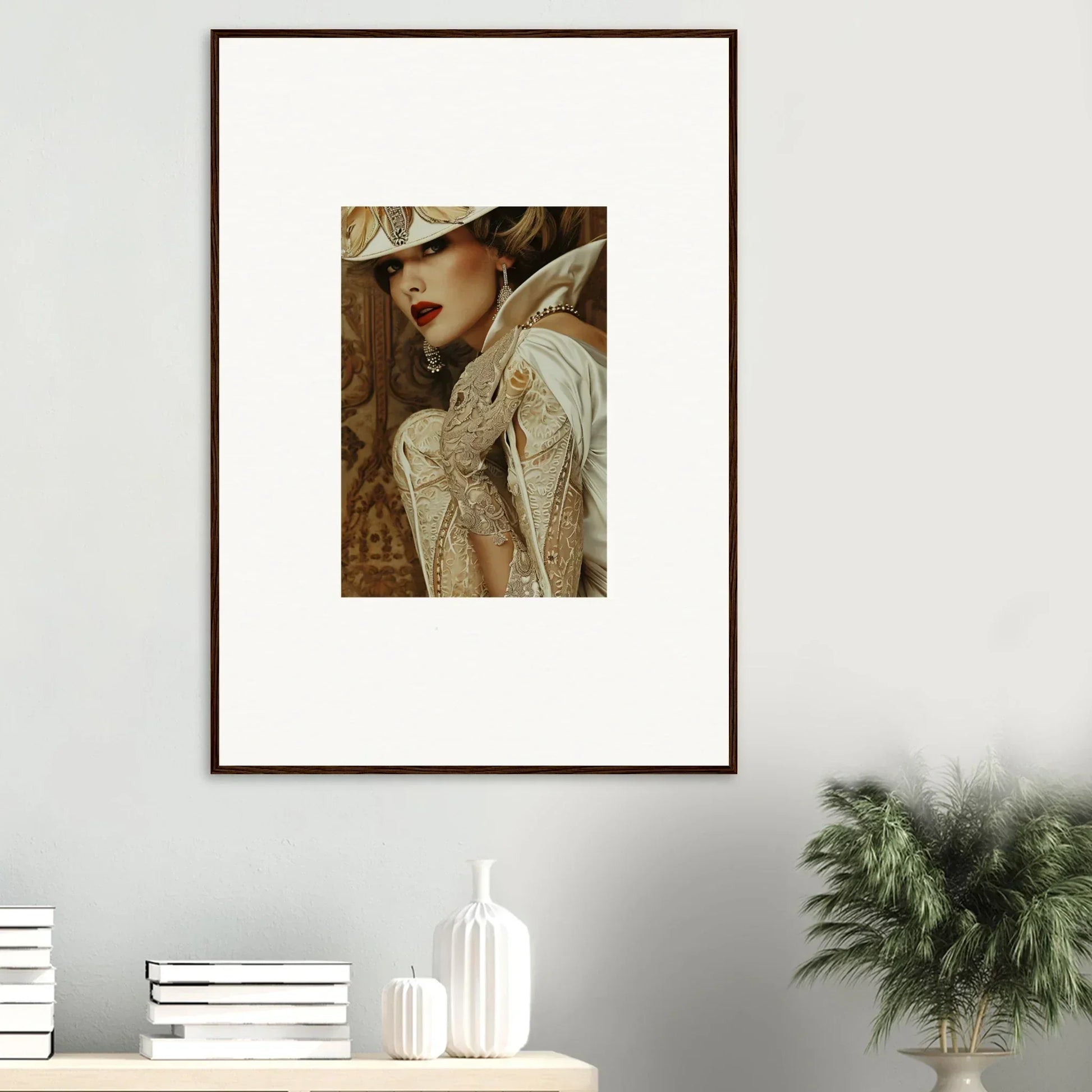 Framed canvas print of a woman in an ornate hat for room decoration and reverie seduction