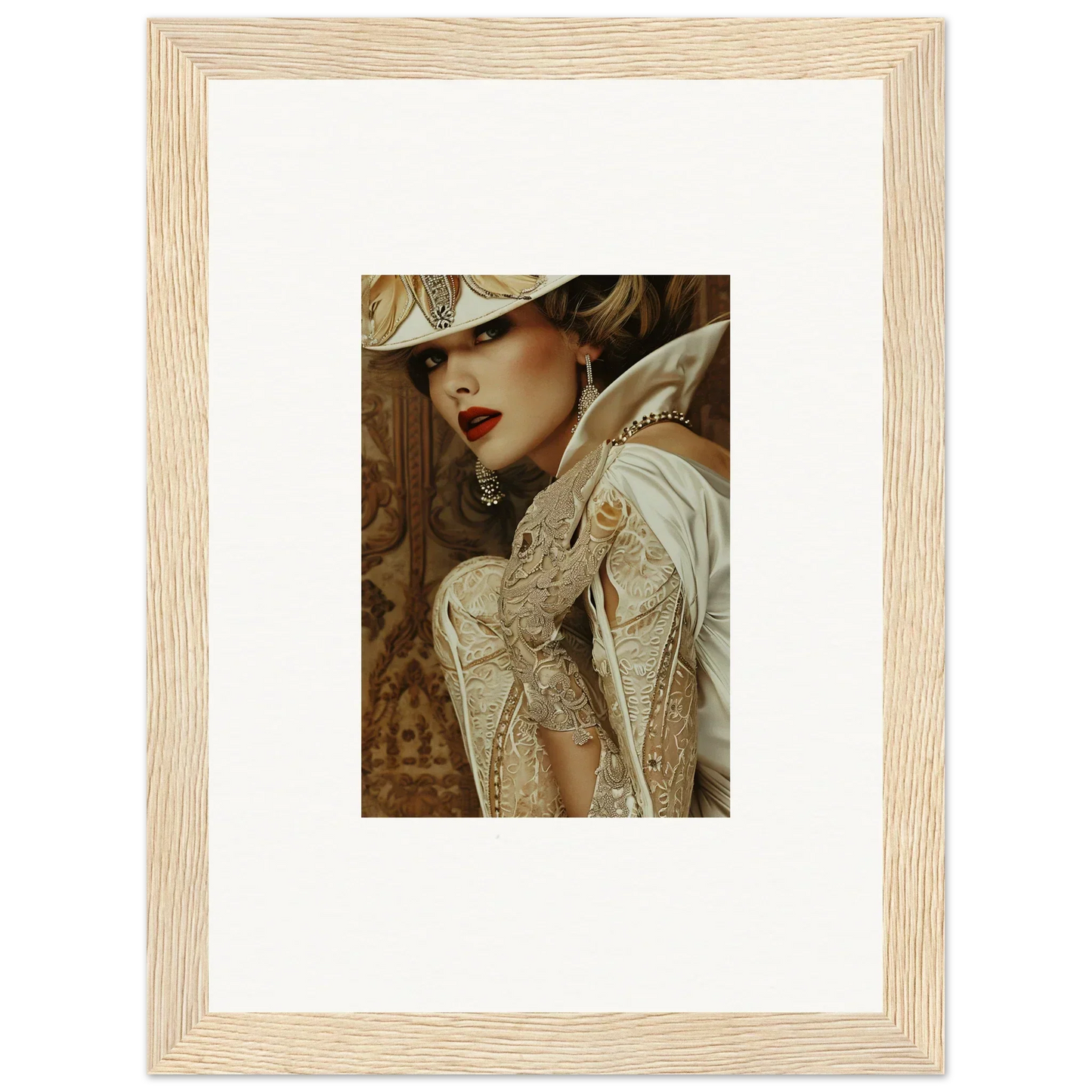 Elegant woman in vintage attire with a hat, perfect for room decoration and Reverie Seduction