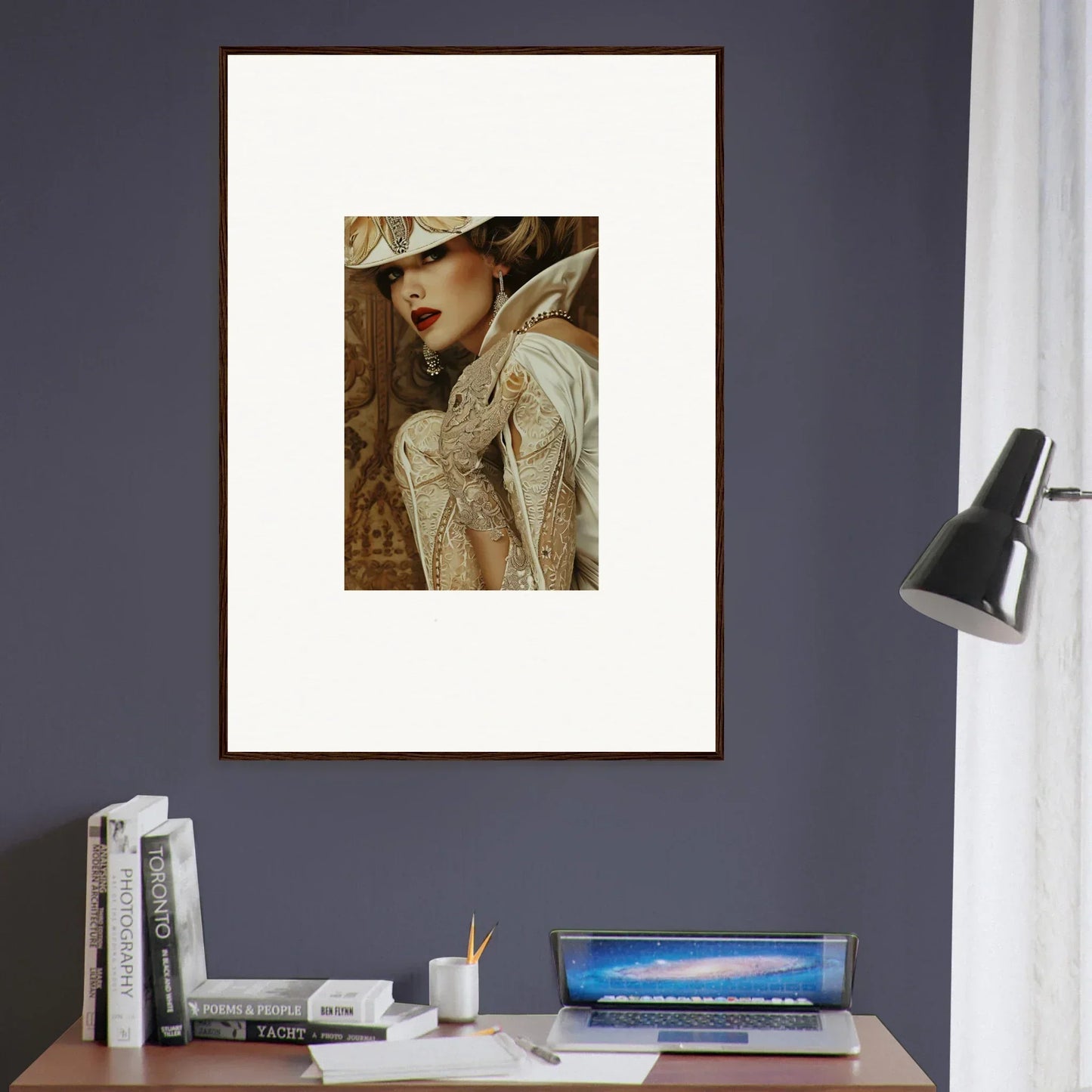 Framed canvas print of a person in an ornate hat, perfect for room decoration or reverie seduction