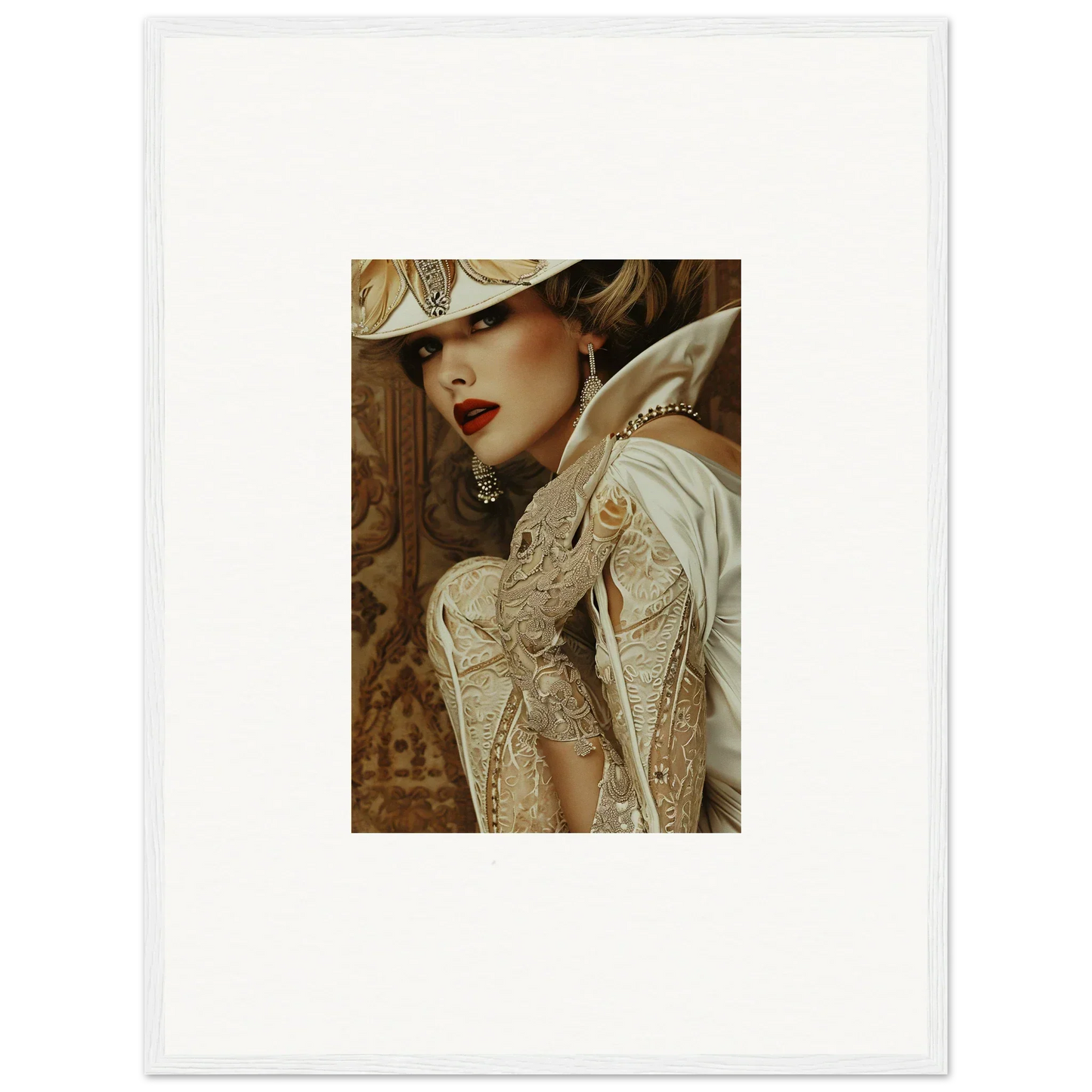 Vintage portrait of a woman in lace dress and hat for room decoration or canvas print