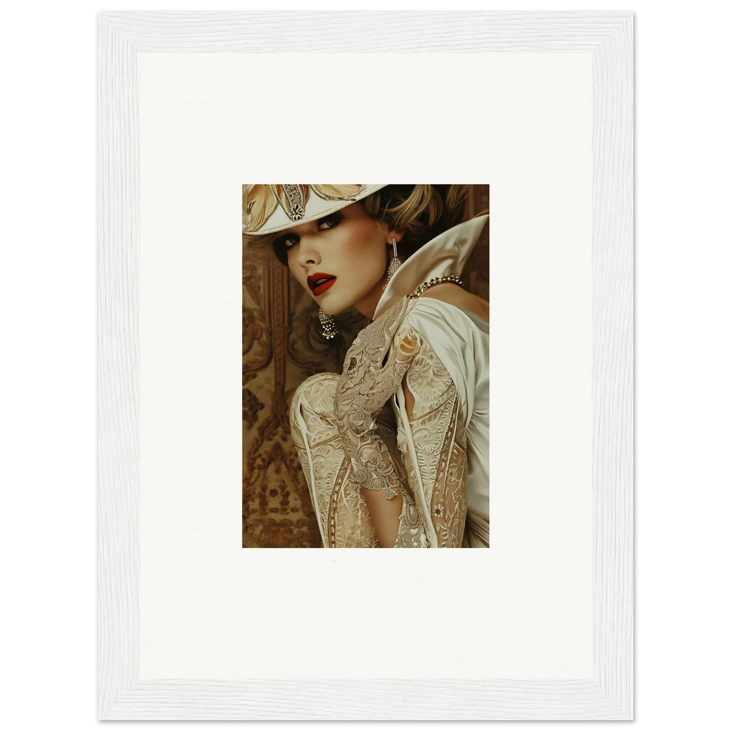 Elegant woman in white hat and lace gloves for a stylish room decoration canvas print