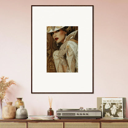 Framed portrait of a person in an ornate hat, perfect for room decoration and reverie seduction