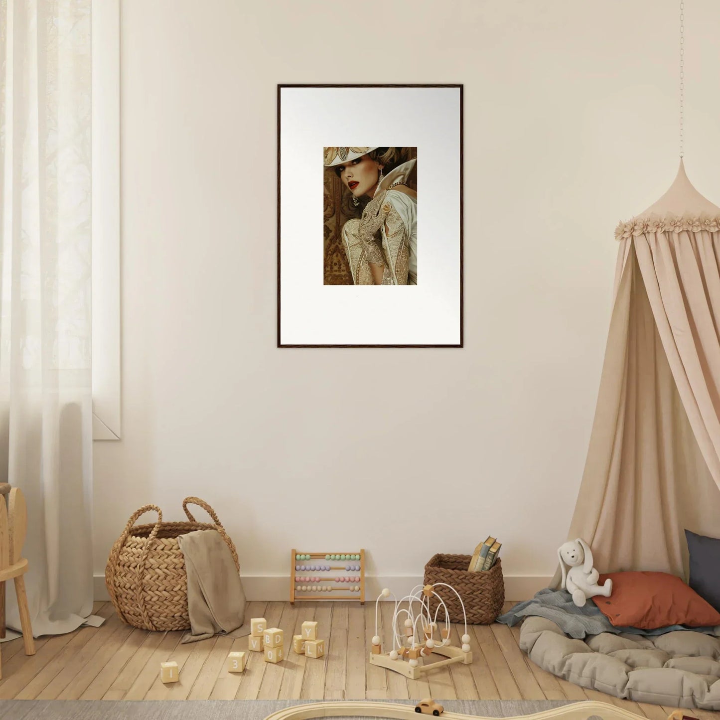 Framed portrait painting in muted tones for room decoration, perfect for Reverie Seduction vibe