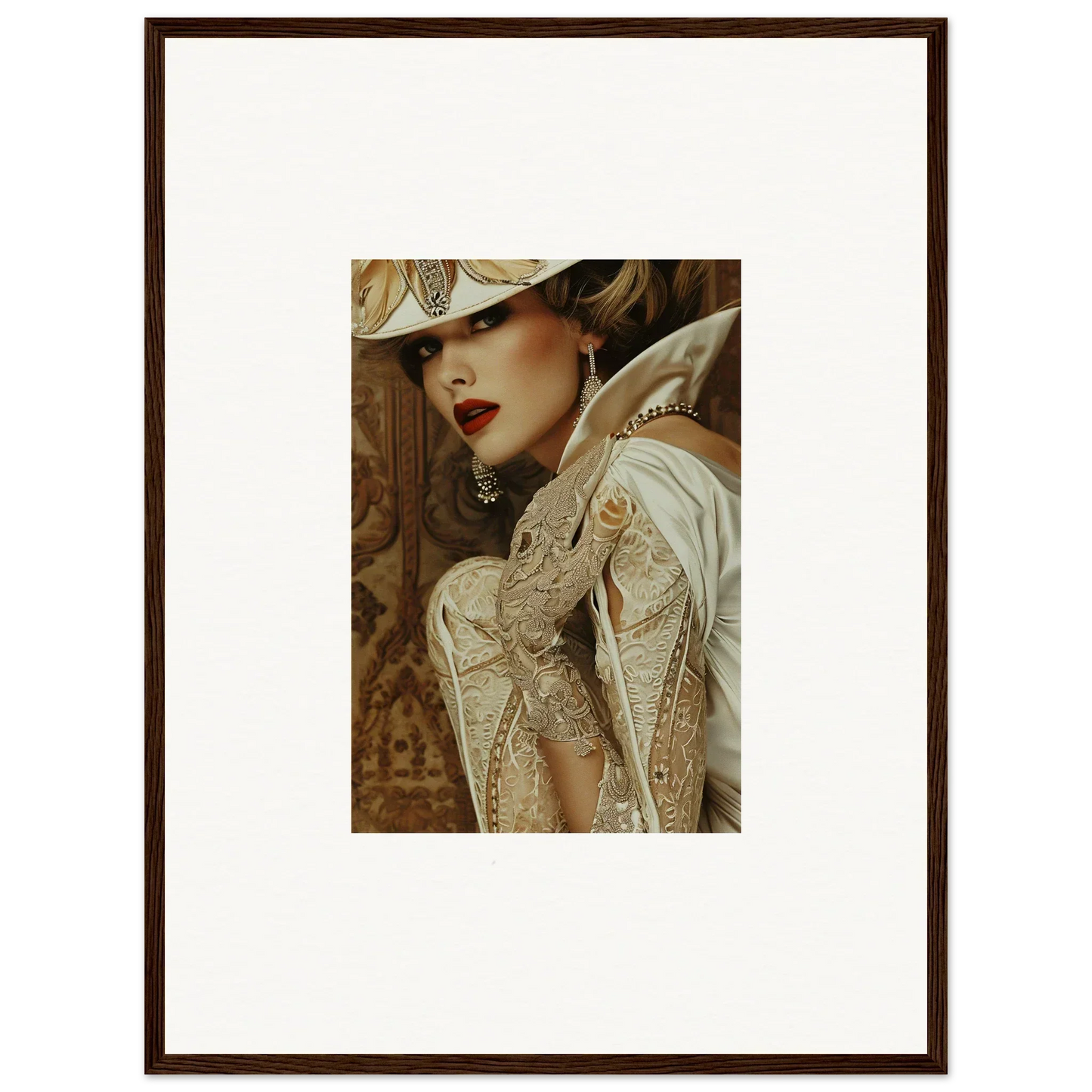 Elegant vintage woman in a white hat and lace gloves for your room decoration canvas print