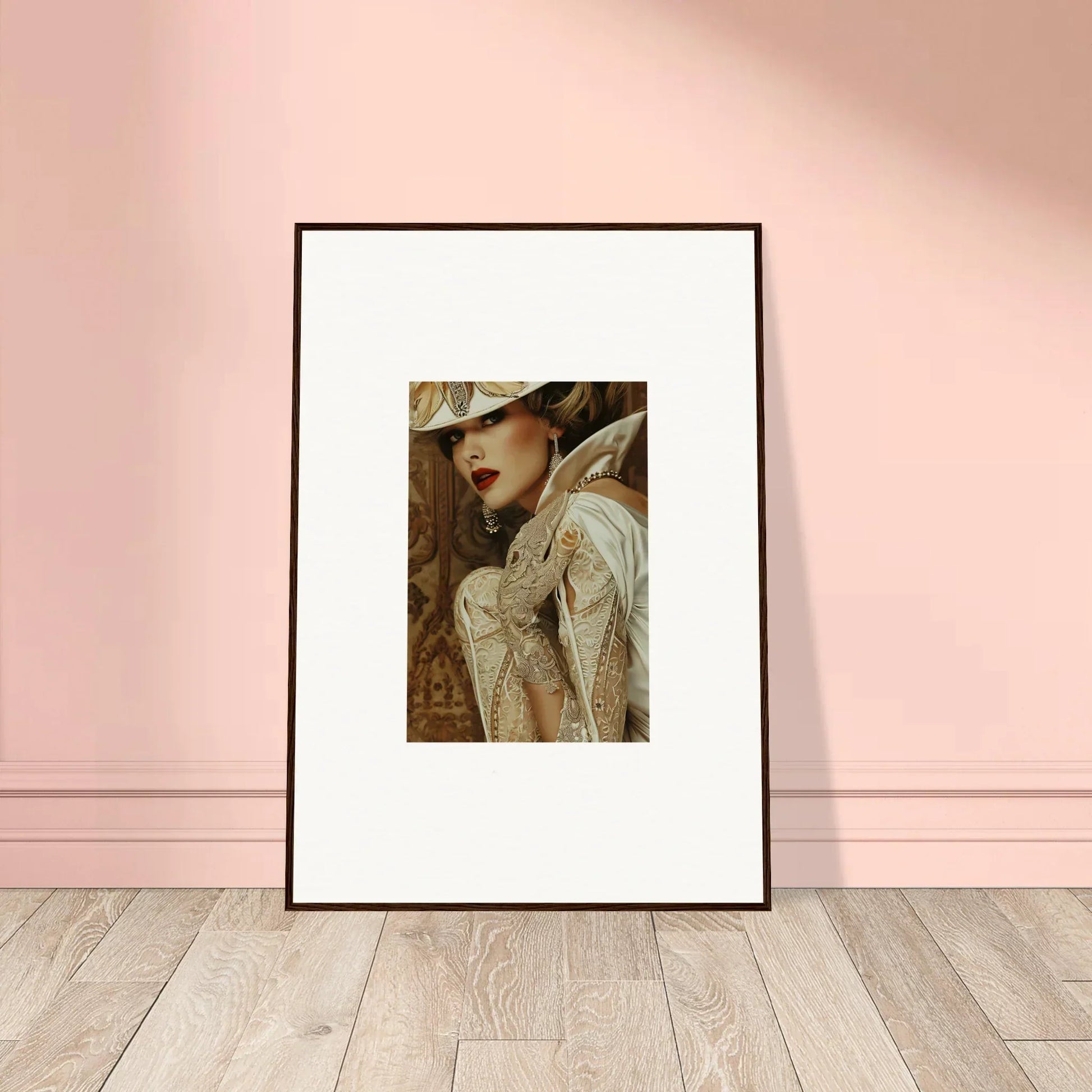 Framed canvas print of a person in an ornate hat for stylish room decoration