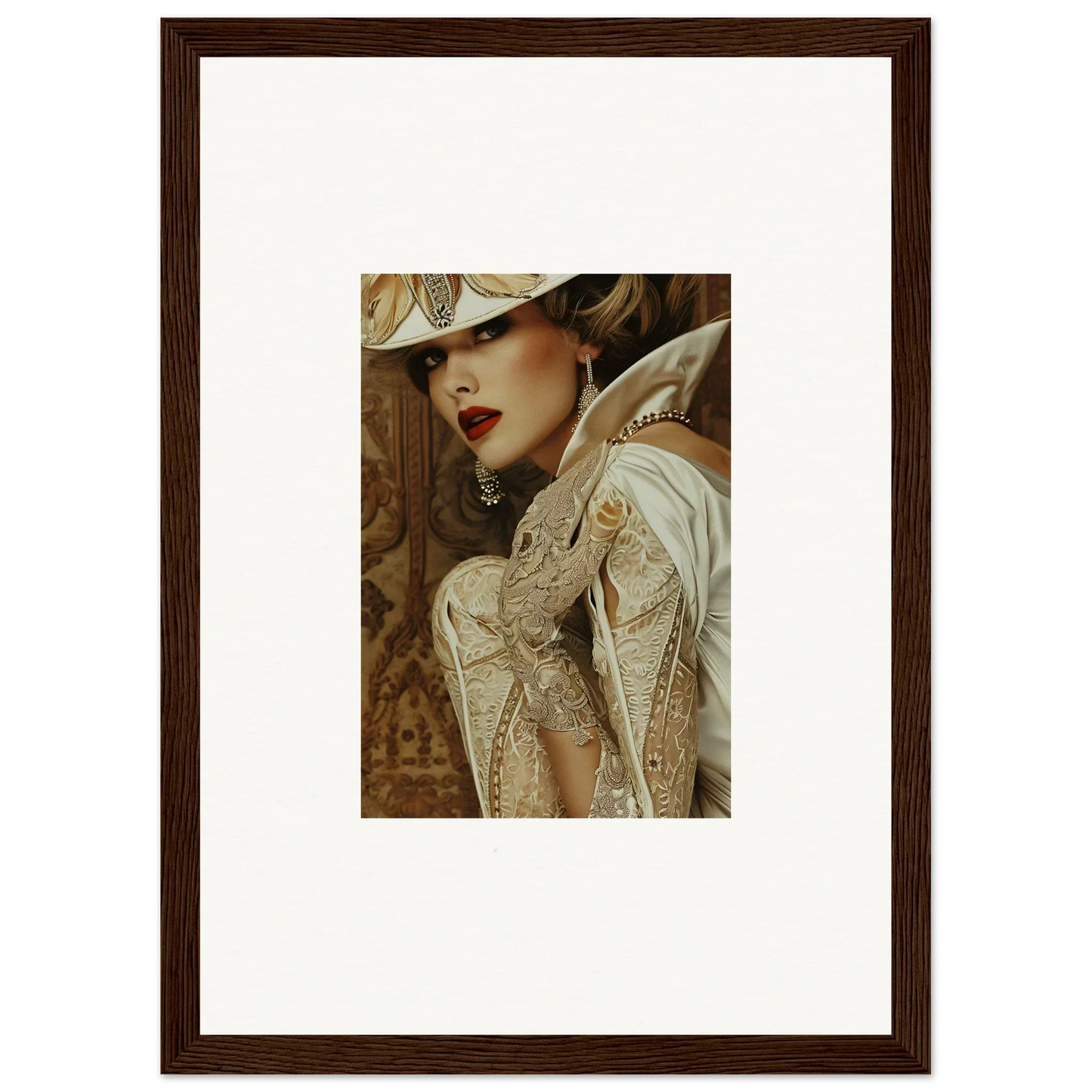 Framed canvas print of a woman in an elegant hat showcasing Reverie Seduction vibe