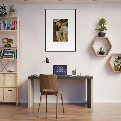 Home office workspace with desk and chair, featuring stylish room decoration and canvas print