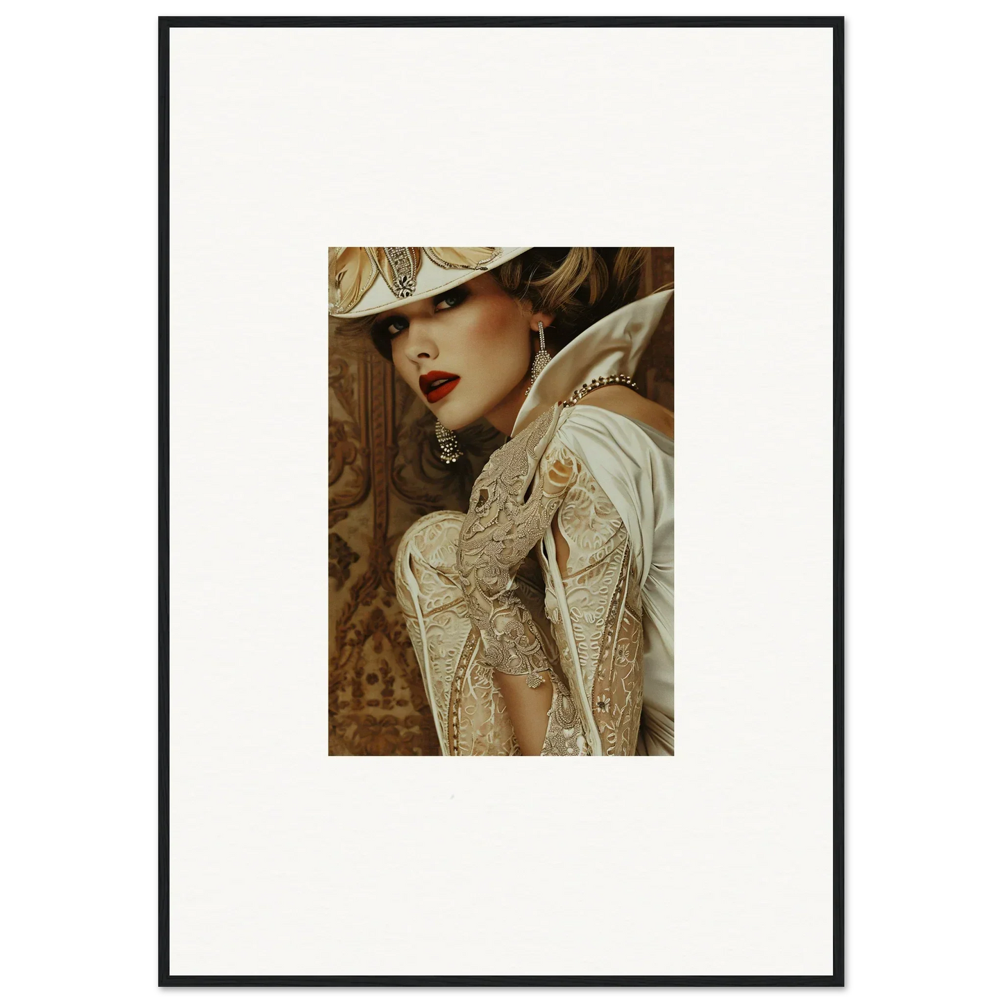 Elegant vintage portrait of a woman in a wide-brimmed hat for dreamy room decoration