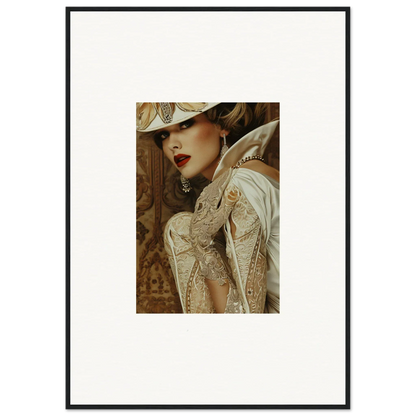 Elegant vintage portrait of a woman in a wide-brimmed hat for dreamy room decoration