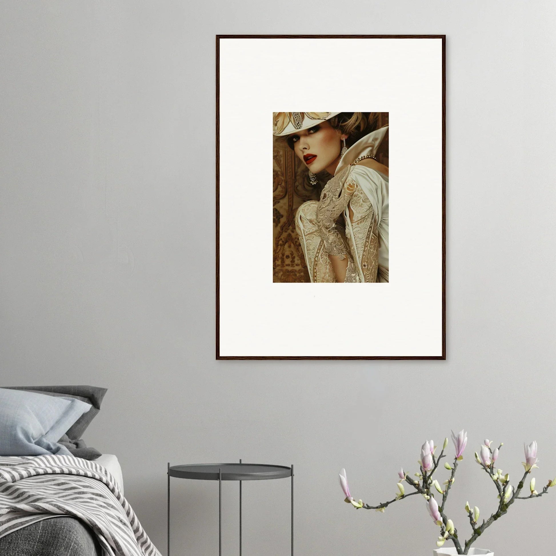 Framed canvas print of a person in a white hat, perfect for room decoration and reverie seduction