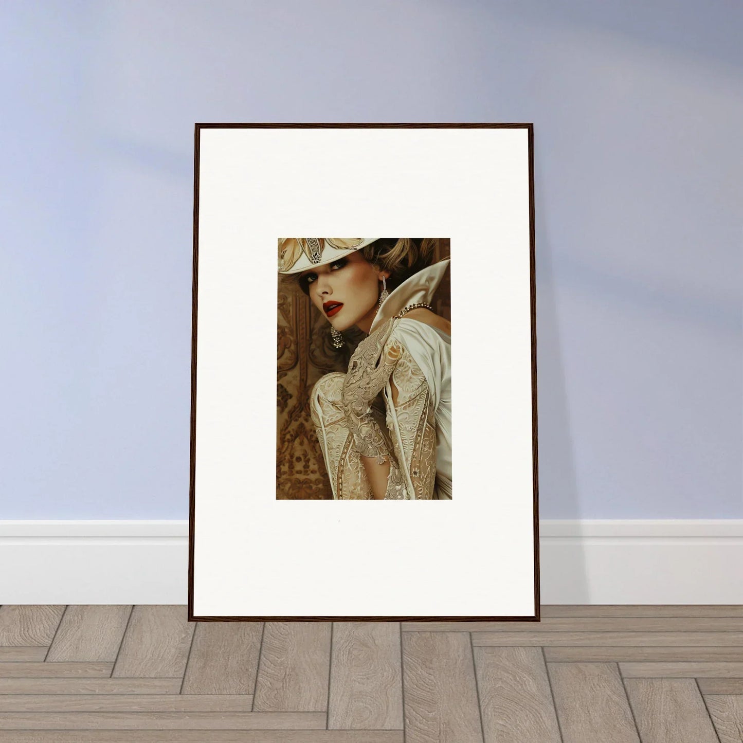 Framed canvas print of a woman in a white hat, perfect for room decoration and Reverie Seduction