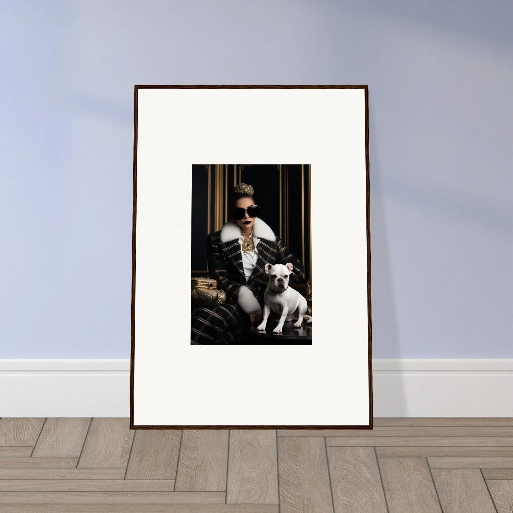 Framed black and white photo of a person with a white dog from Regal Splendor Forces