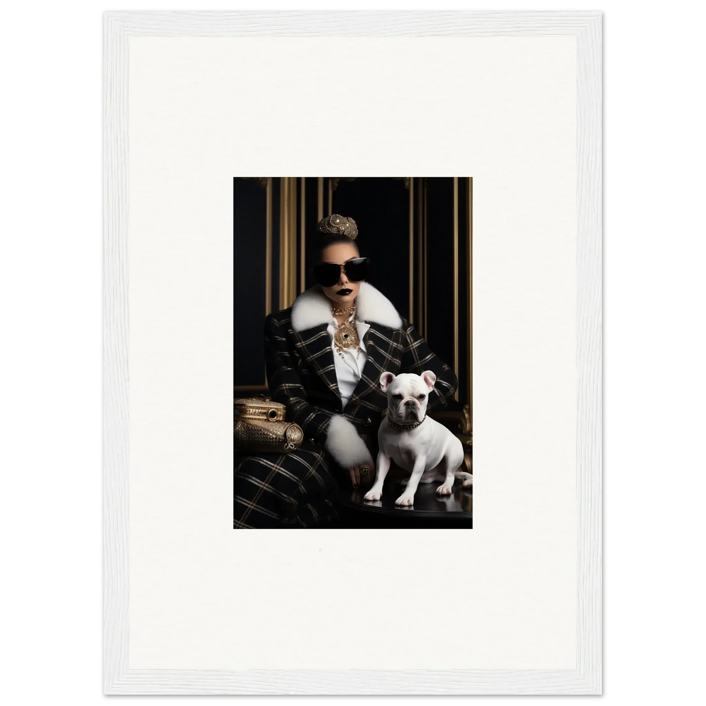 Framed black and white photo of a person in a leather jacket and French Bulldog, Regal Splendor Forces