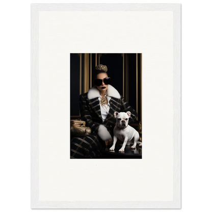 Framed black and white photo of a person in a leather jacket and French Bulldog, Regal Splendor Forces