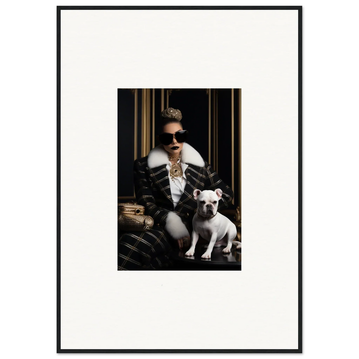 Framed black and white photo of a person in a leather jacket with a French Bulldog for Regal Splendor Forces