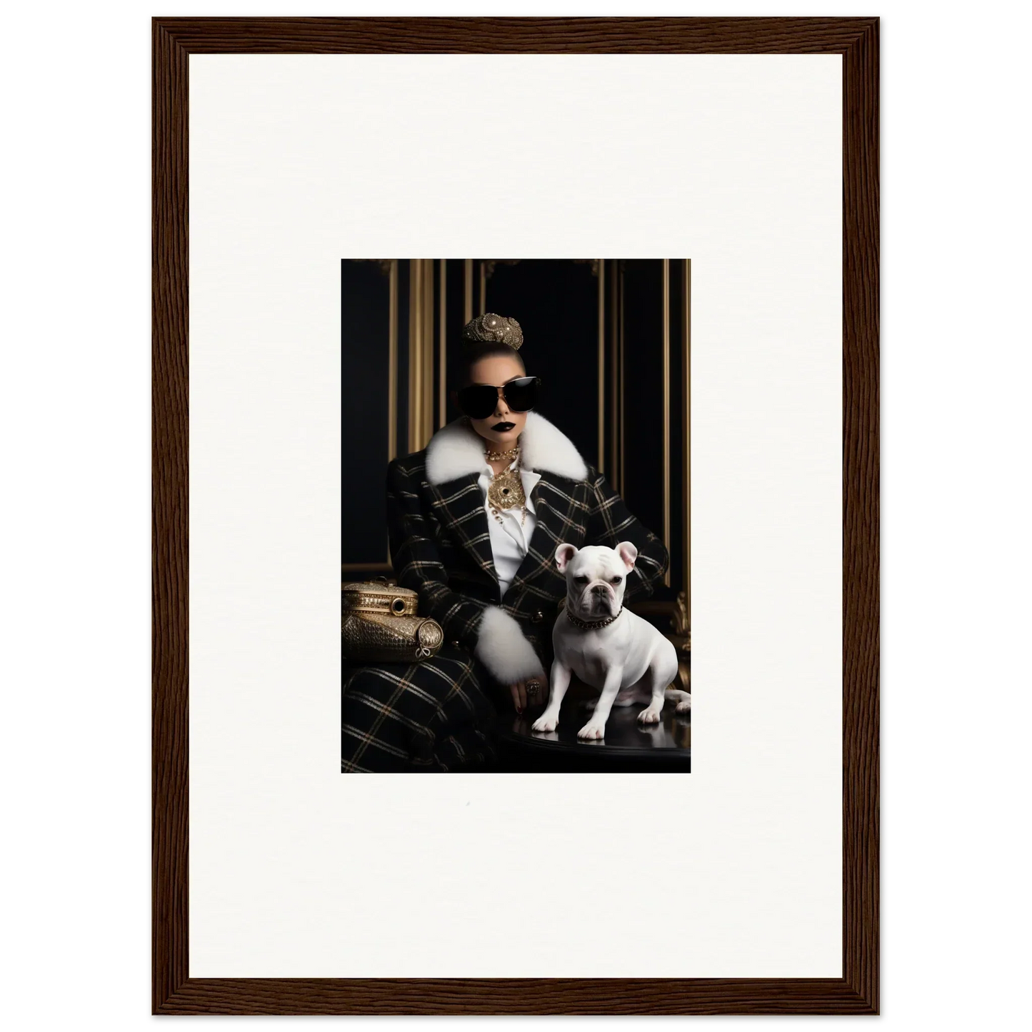 Framed black and white photo of a stylish person with sunglasses and a Bulldog in Regal Splendor Forces