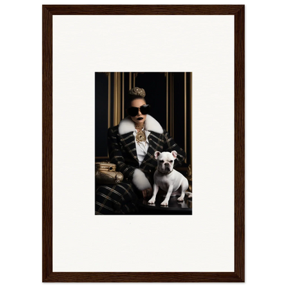 Framed black and white photo of a stylish person with sunglasses and a Bulldog in Regal Splendor Forces