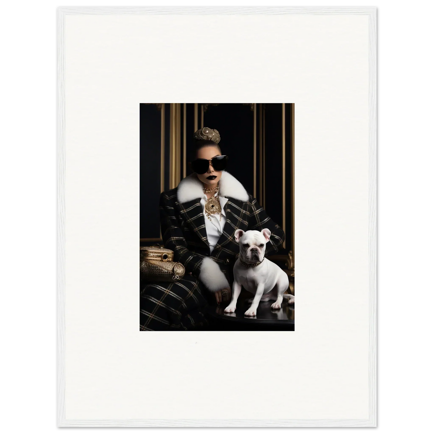 Stylish photo of a white French Bulldog and owner in black leather jacket for Regal Splendor Forces