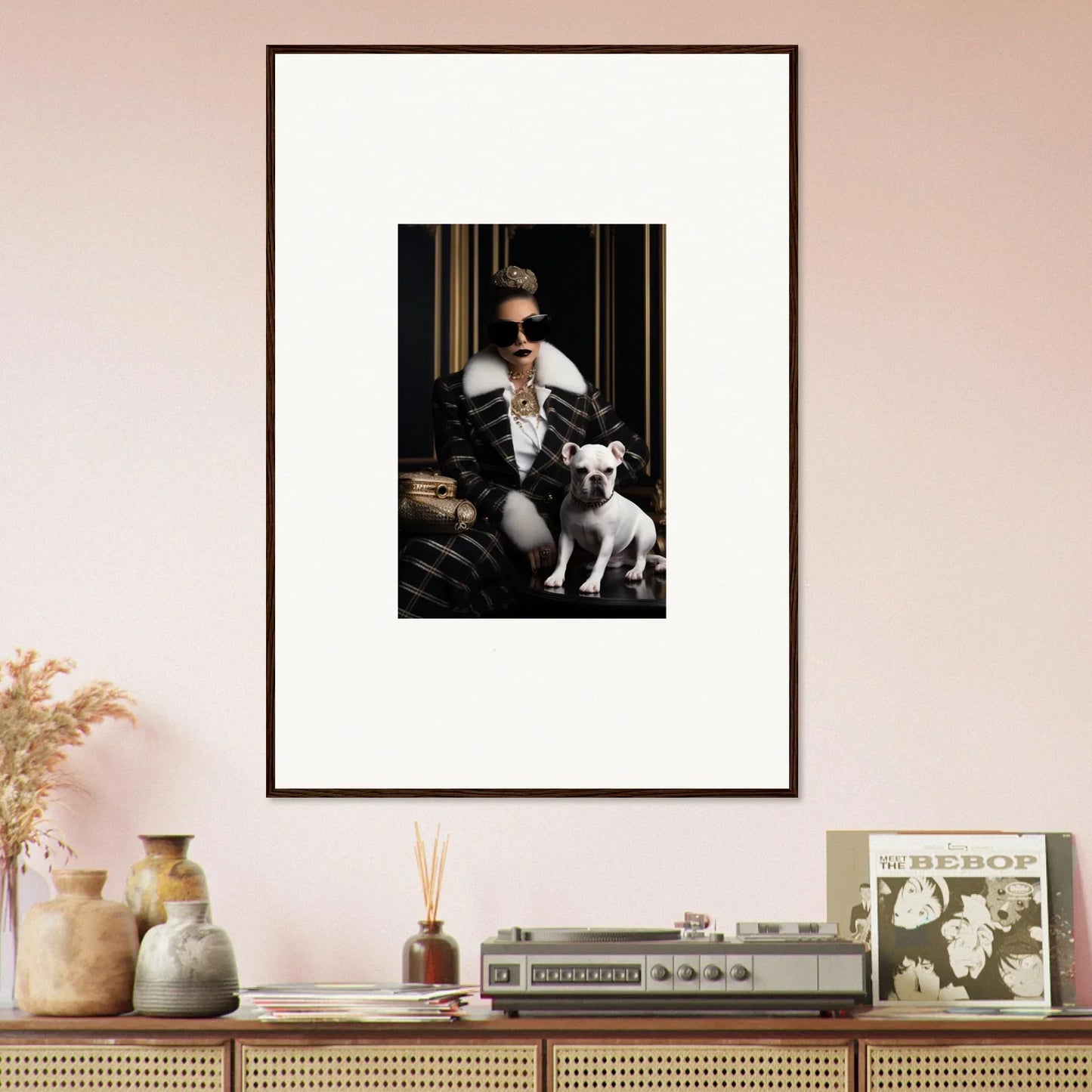 Framed black and white photo of a person with a French Bulldog from Regal Splendor Forces